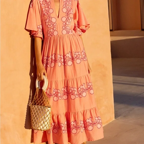 Oliphant Pink Maxi Dress with Dark Pink Embroidery - Picture 3 of 6